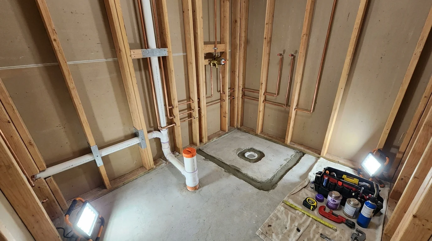 Bathroom rough-in plumbing during remodel by Johns Plumbing LLC in Friars Point