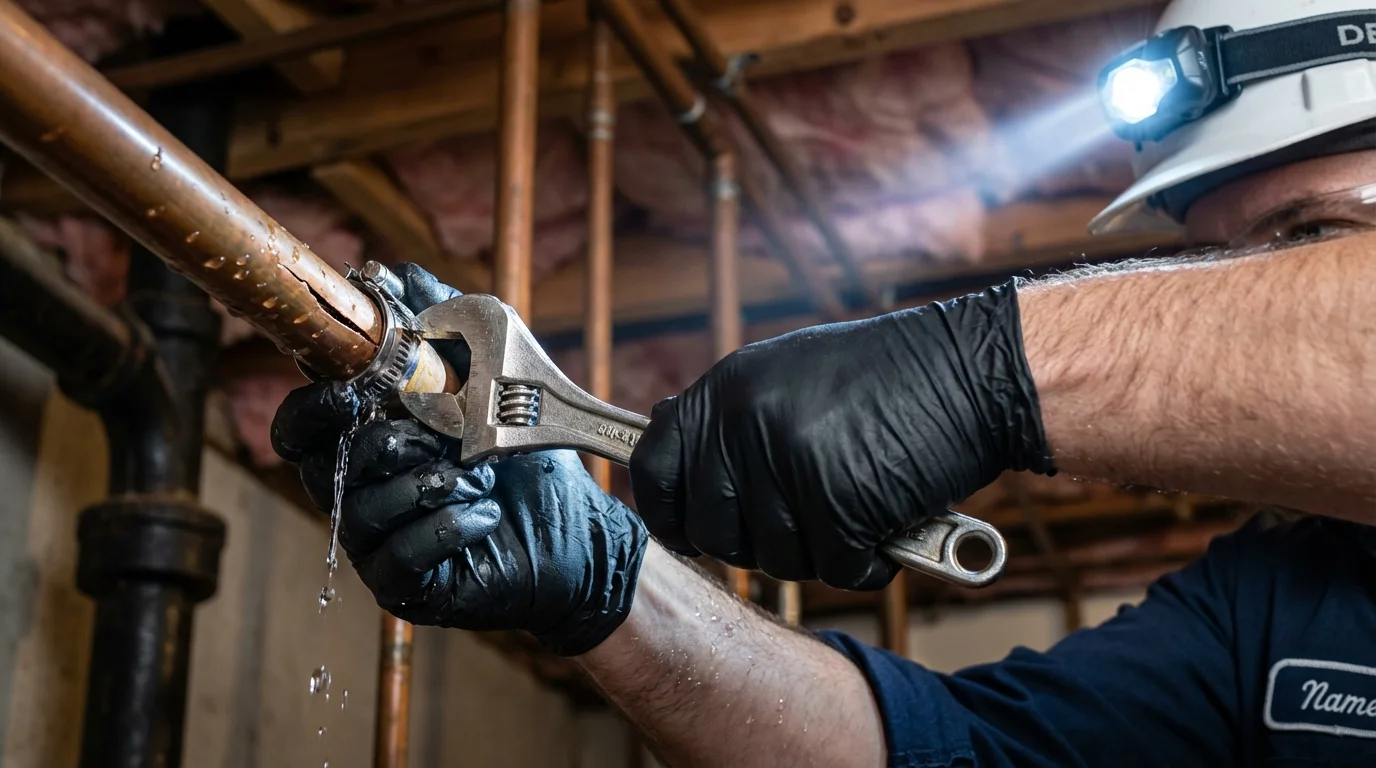 Emergency pipe clamp repair being performed by a Johns Plumbing LLC plumber in Friars Point