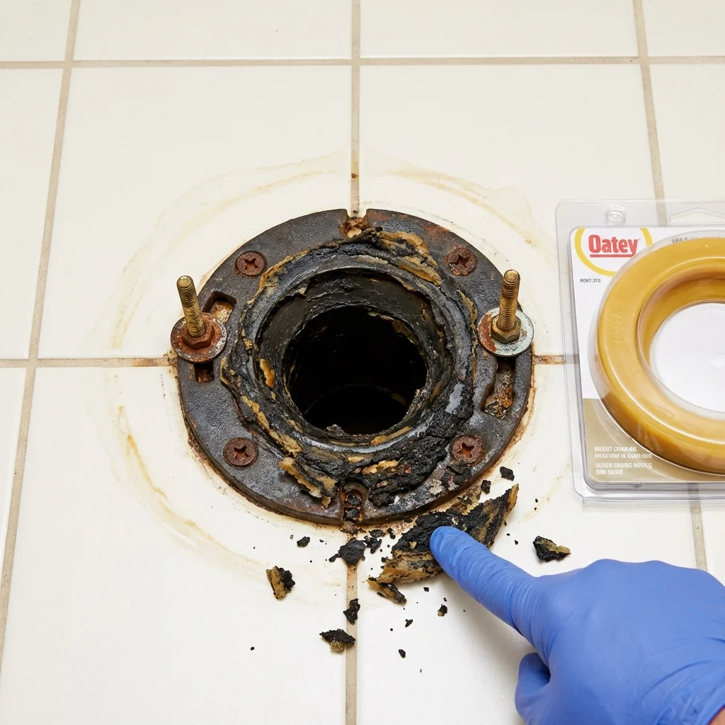 Failed wax ring showing water seepage at the base of a toilet in a Friars Point, MS home
