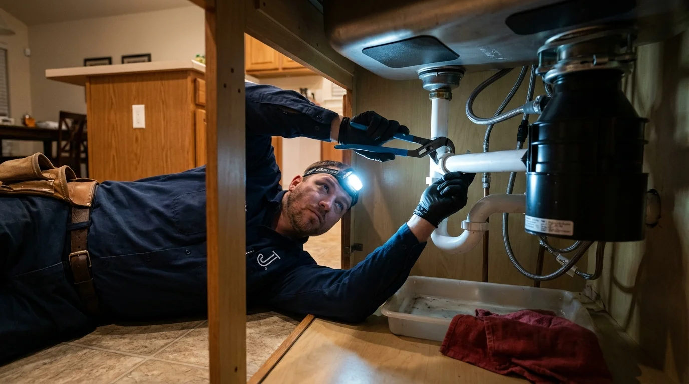 P-trap and supply line connections under a kitchen sink showing a common leak point in Friars Point, MS